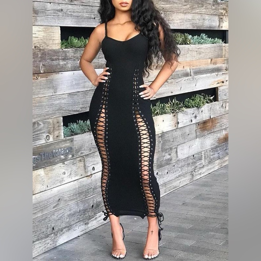 Fashion Nova Black Lace-Up Side Maxi Dress